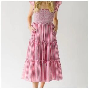 Piper and Scoot, The Cappelle Smocked Detail Midi dress in Red, Size M